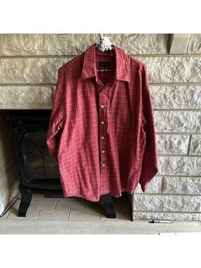 Van Heusen men’s button-down dress shirt, red plaid size large neck, 16-16.5
